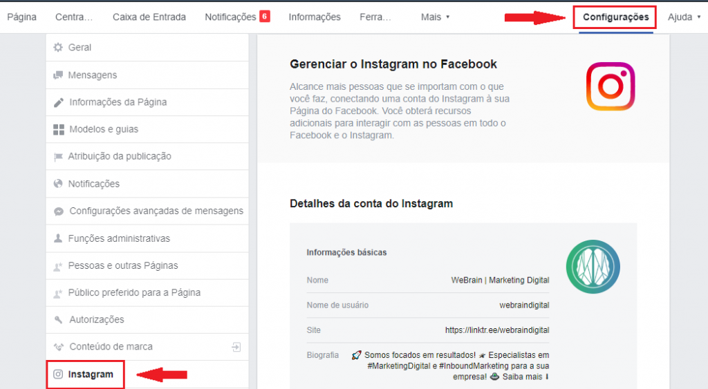 Conectar Instagram ao Facebook